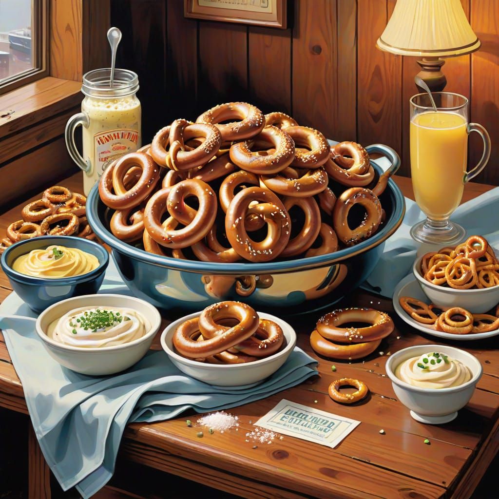 Golden Pretzels with Mustard and Sour Cream on Sports Bar Ta...
