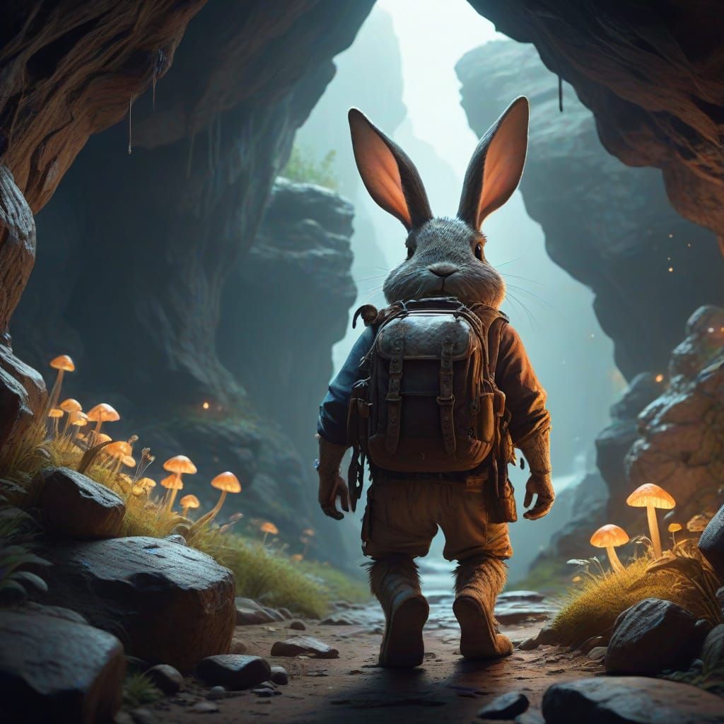 Rabbit Adventurer Exploring Caves with Glowing Mushrooms