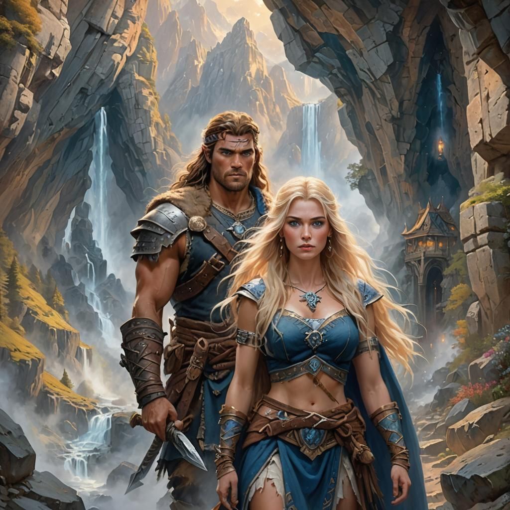 Barbarians at Mountain Cave in Ethereal Fantasy Style