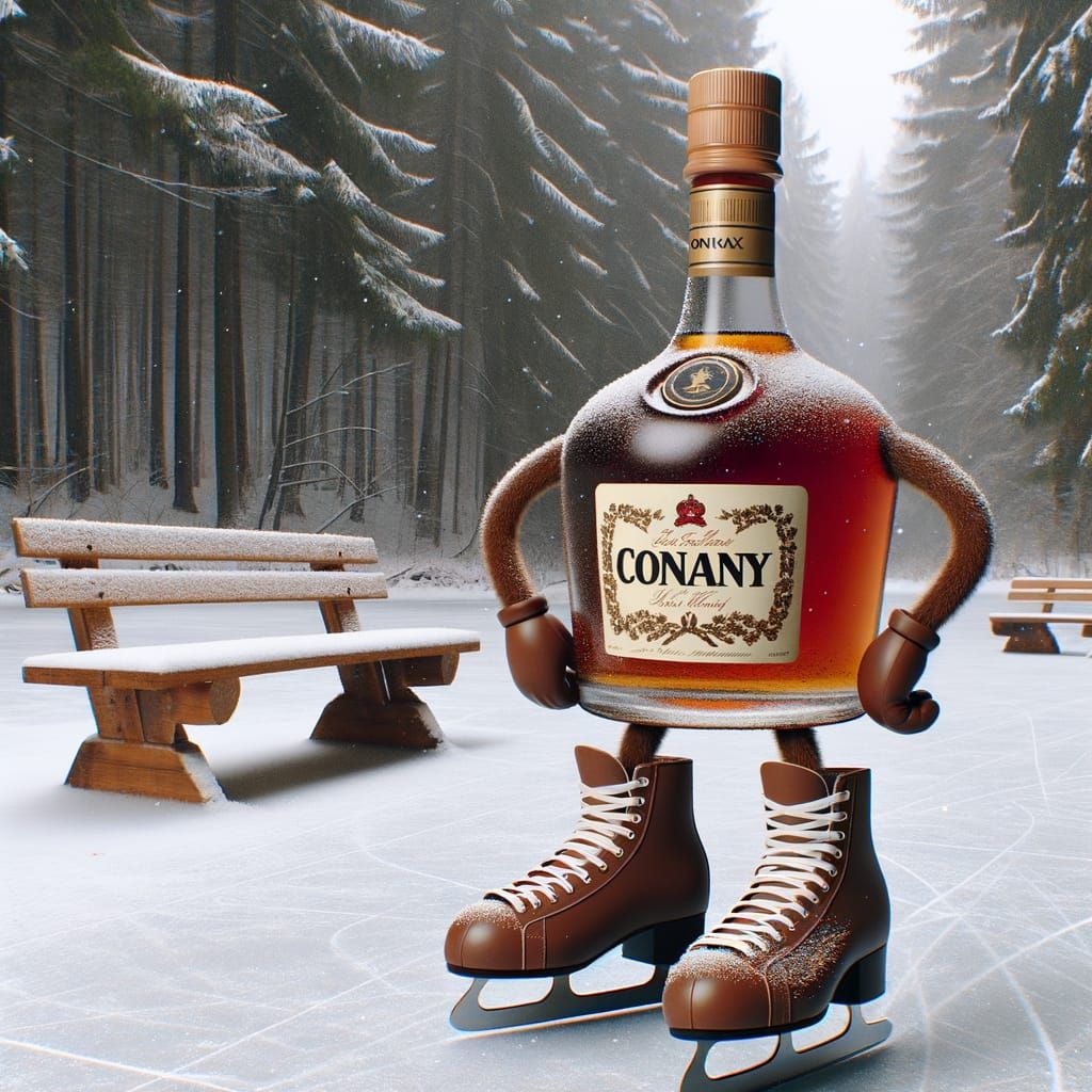 Cognac Bottle Skates Through Snowy Forest