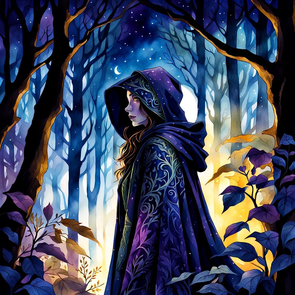 Elven Rogue in Moonlit Forest Watercolour