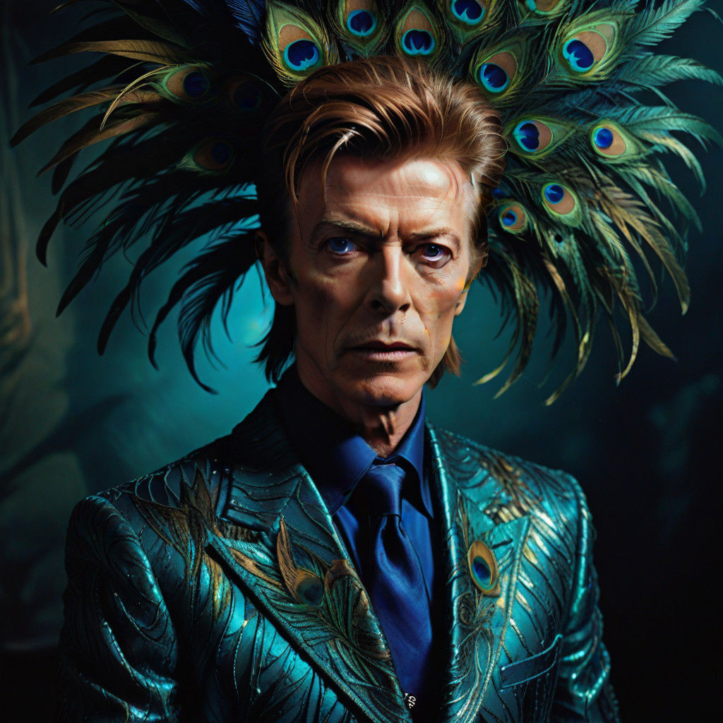 David Bowie in a Vibrant Peacock Glam Rock Masterpiece