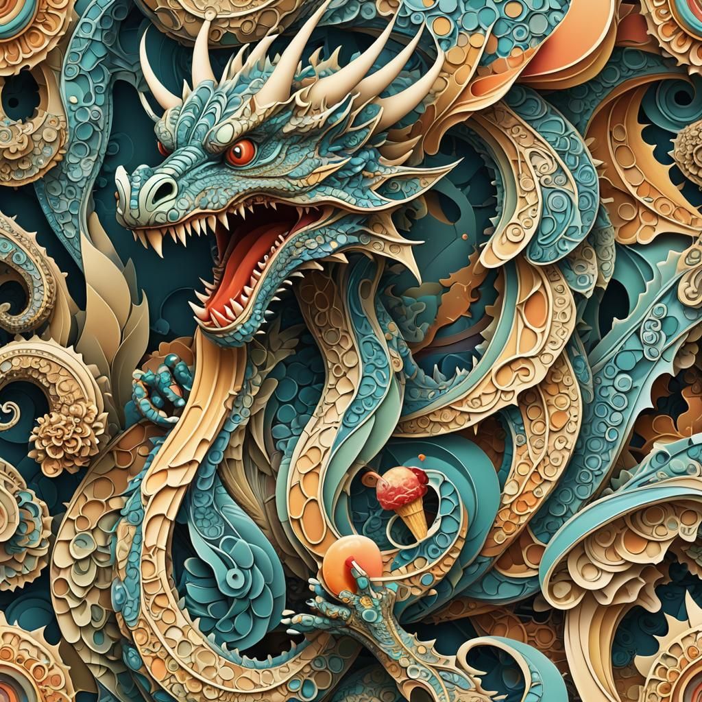 Dragon Eating Popsicle with Abstract Fractal Design