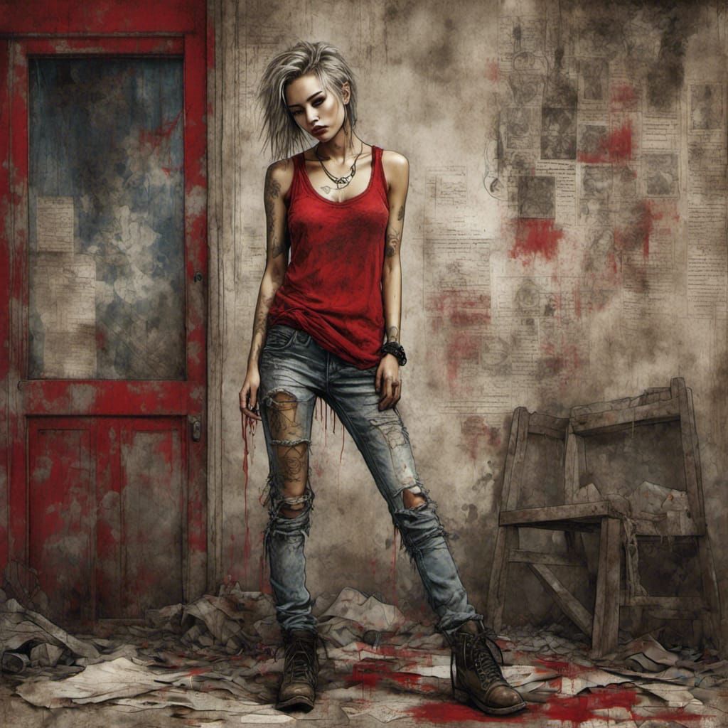 Defiant Grunge Girl in Torn Jeans and Tank Top