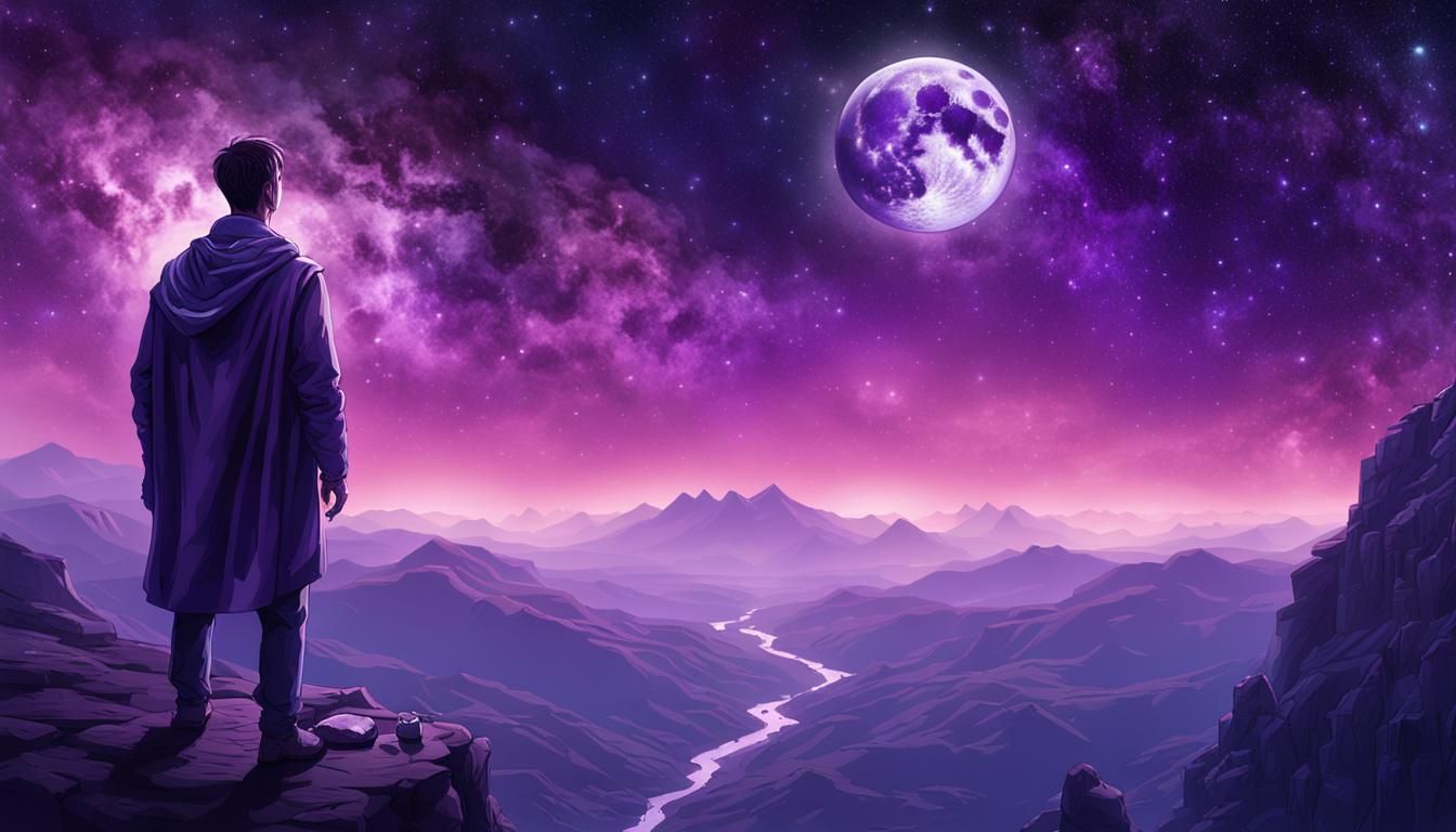 Man Gazing Through Crystal at Moonlit Valley