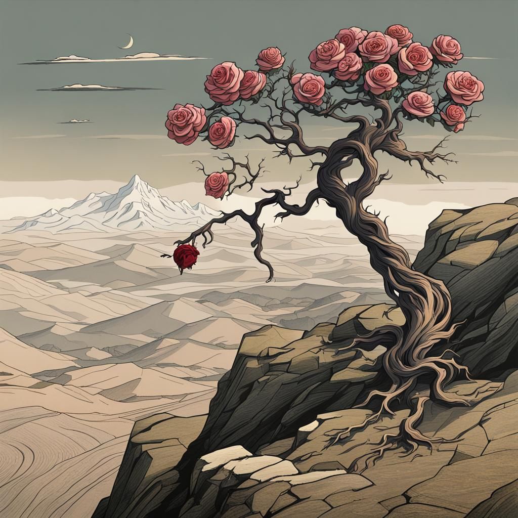 Wind-Twisted Tree on Barren Clifftop: 19th Century Style