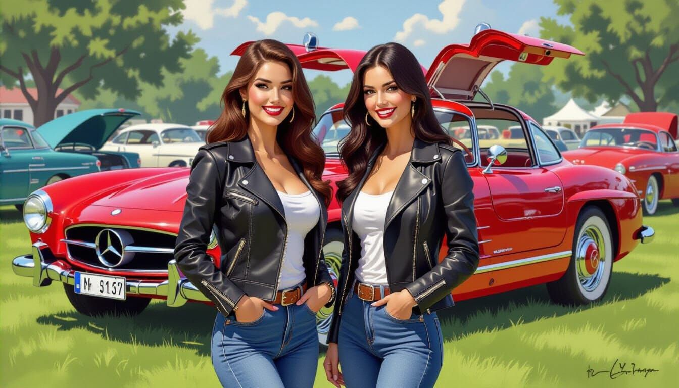 Pinup Models Admire Classic 1955 Mercedes Gullwing