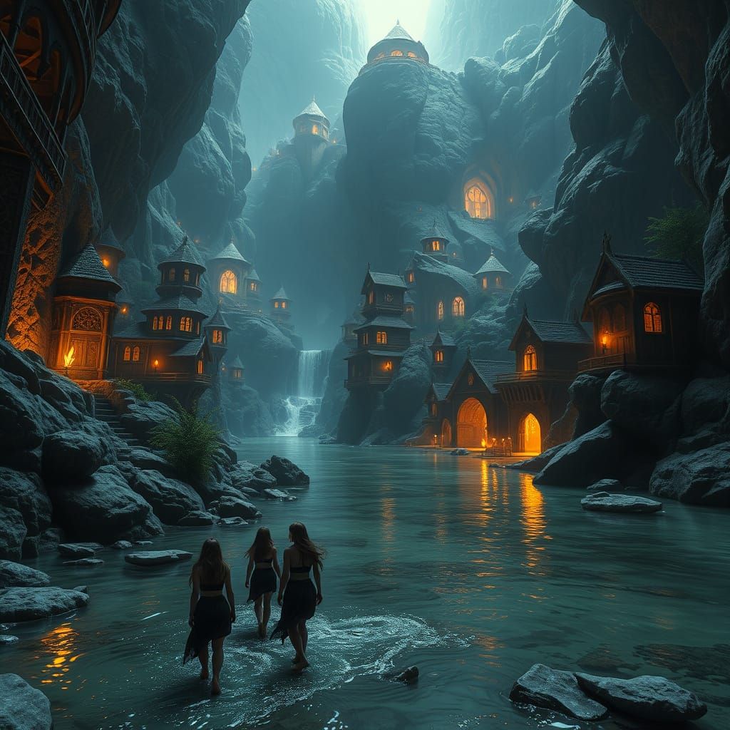 Ethereal Dark Elf Metropolis Illuminated by Magical Lights