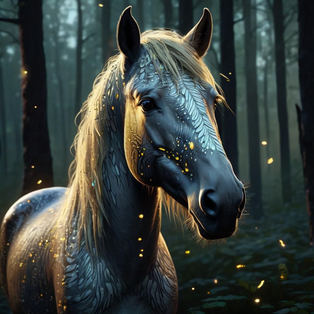 Mystical Pony Portrait in Forest, Hyperdetailed Art