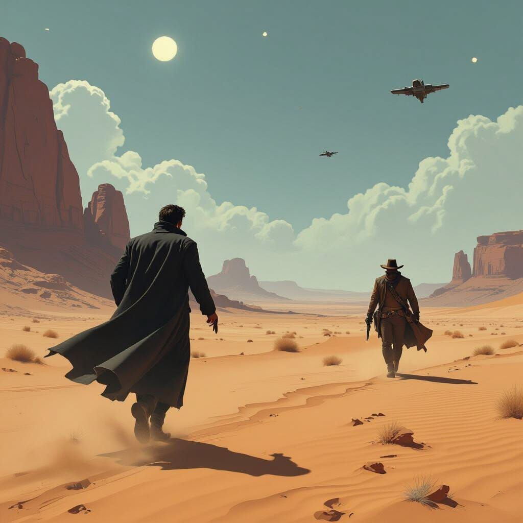 Gunslinger Pursues Man Across Desert Landscape