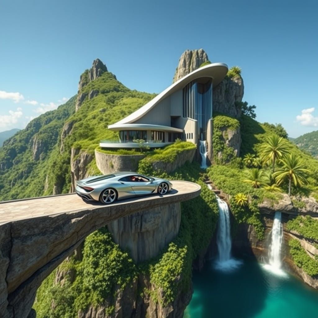 Sleek Sports Car Defies Gravity on Futuristic Cliffside Hous...