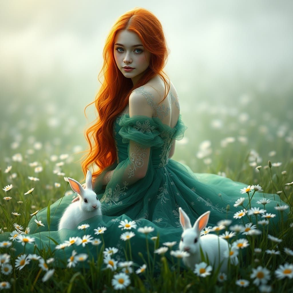 Mystical Woman in Emerald Gown with Fiery Red Hair