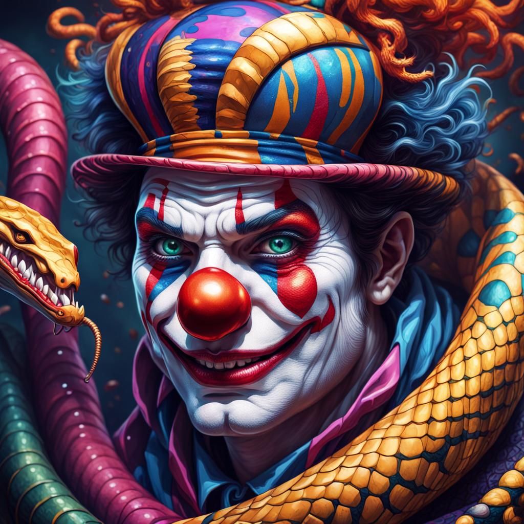 Clown and Cobra in Vibrant Fantasy Art