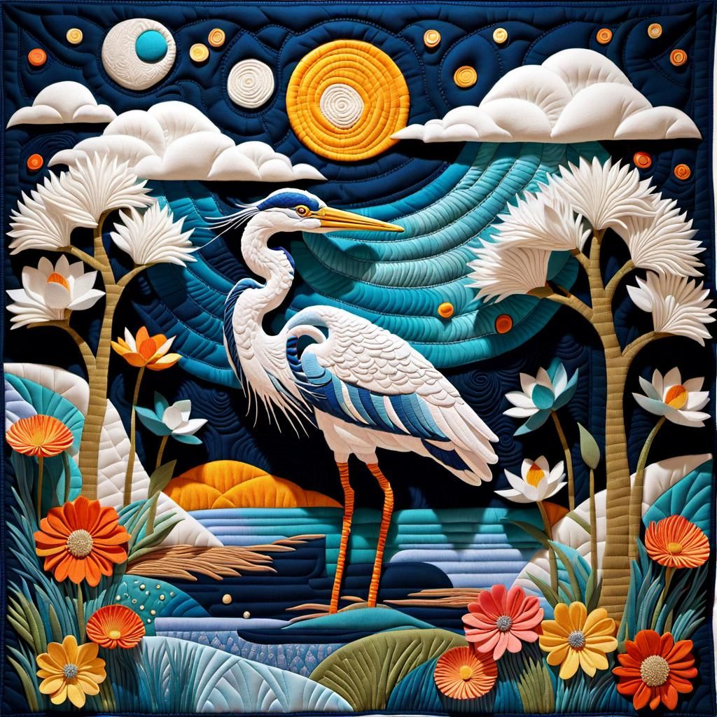 Heron by Lake Under Moonlight in Quilted 3D