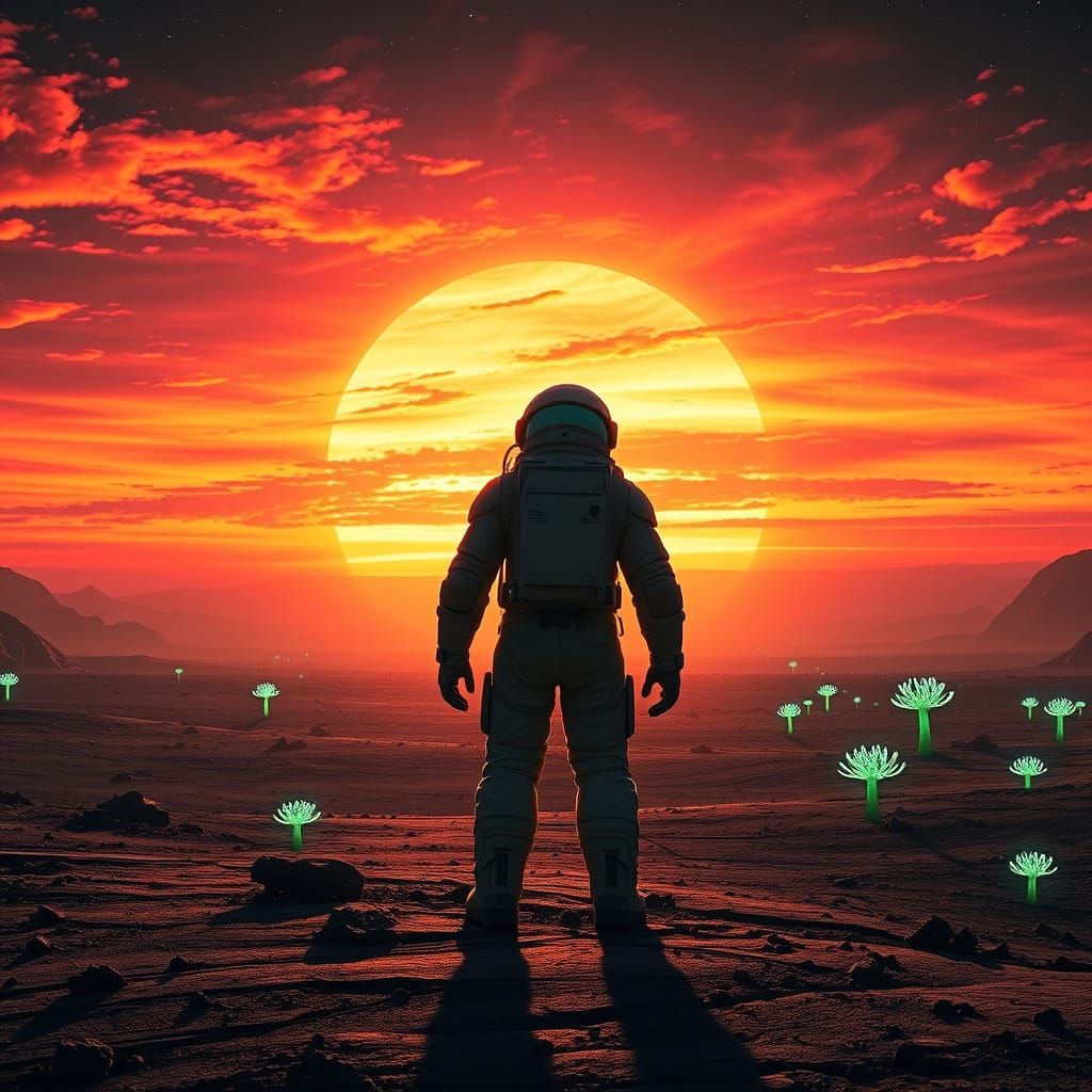 Astronaut on Alien Planet at Binary Sunset