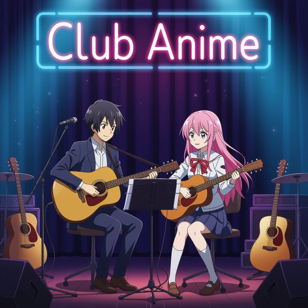 Anime Duo Play Music Under Neon Club Sign