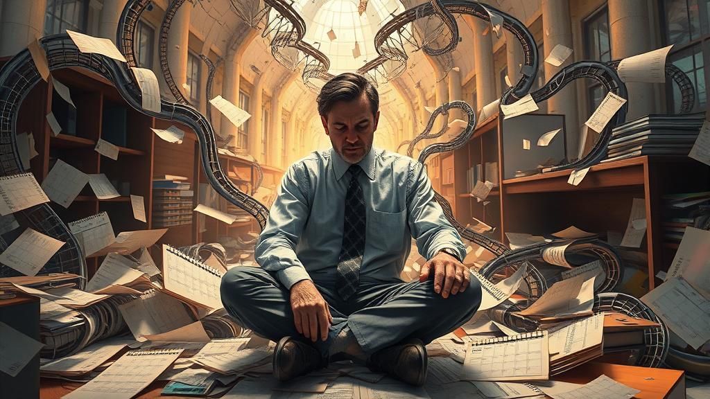 Fractured Office Worker in Industrial Futurism Style