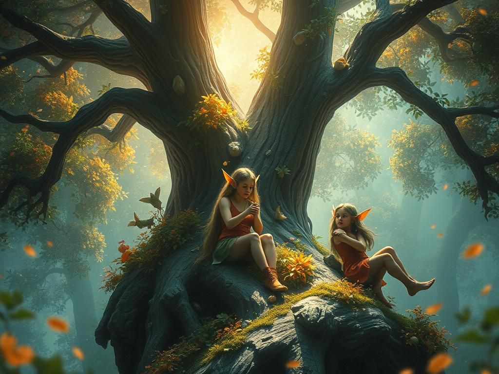 Enchanted Elves Playing in Mystical Tree, Matte Painting