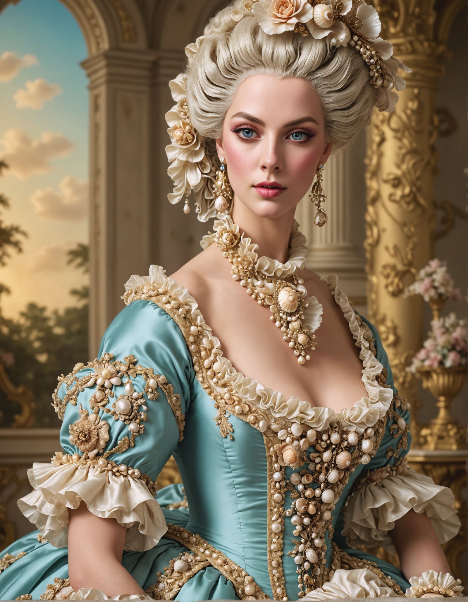 Rococo Portrait of a Regal Woman in Whimsical Oil Painting