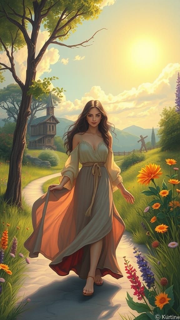 Serene Woman Walks in Whimsical Landscape
