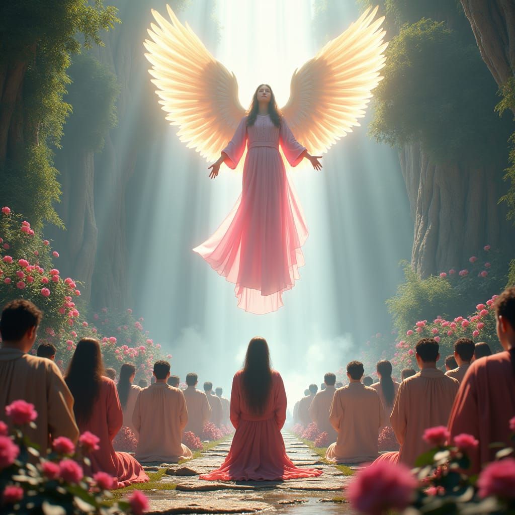 Mystical Scene: Angel Descending Among Praying Figures