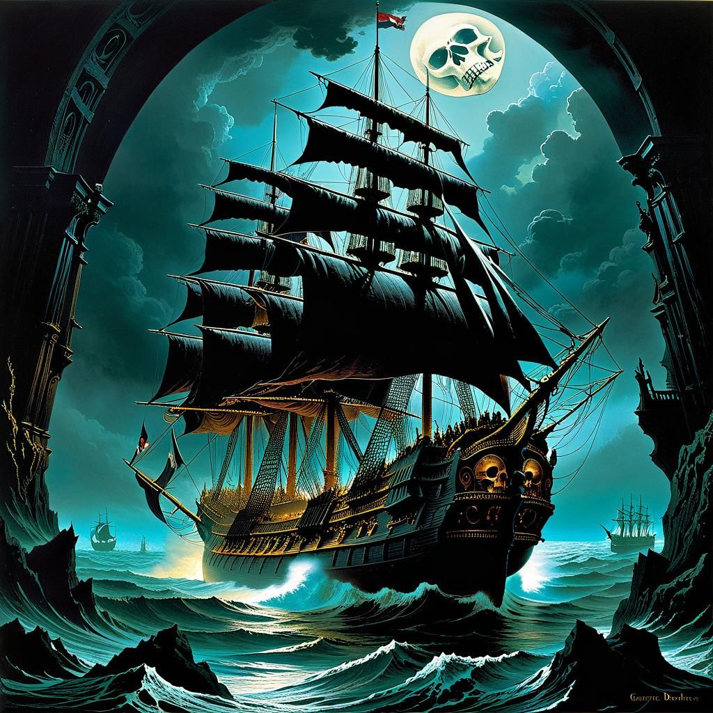 Macabre Pirate Ship in Engraving Style