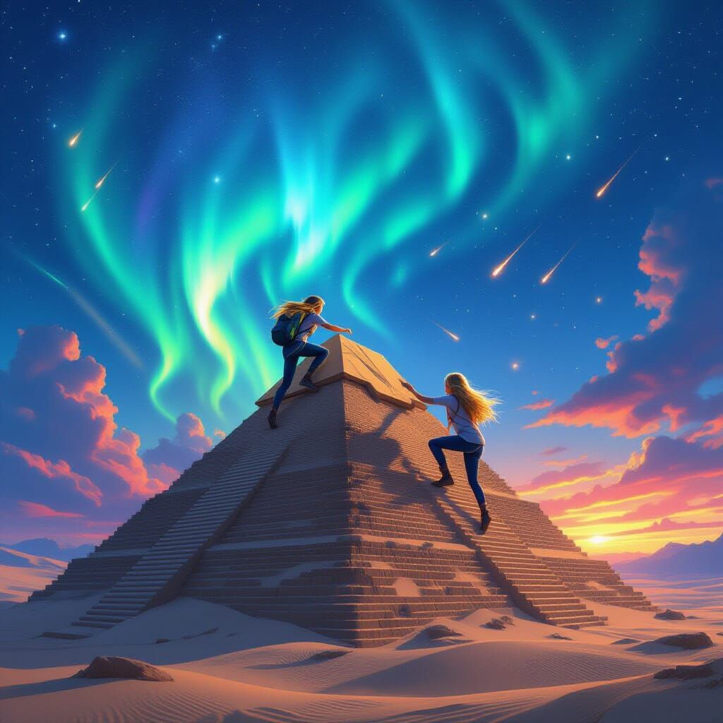 Teen Girl Climbs Pyramid Under Magical Aurora Night Sky