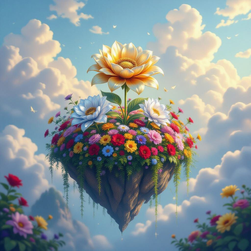 Floating Rainbow Flower Island with Golden Bloom
