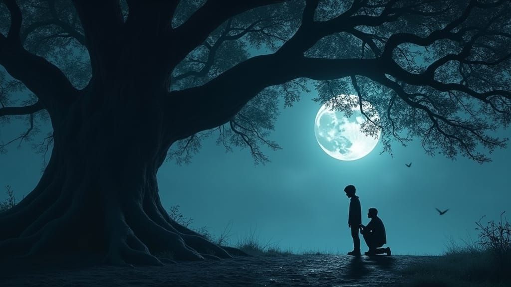 Eerie Moonlit Confrontation Under a Haunting Banyan Tree