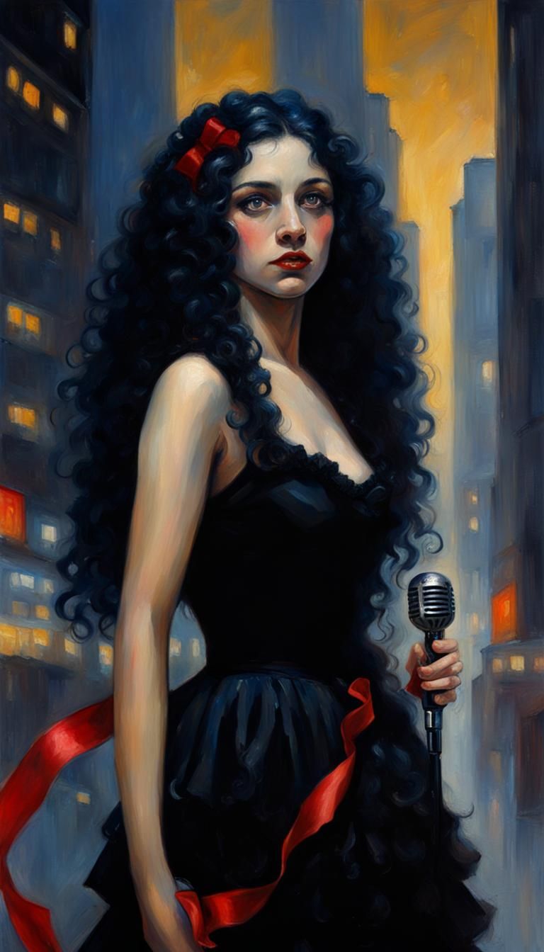 Girl Singing with City Lights, Oil Painting Style