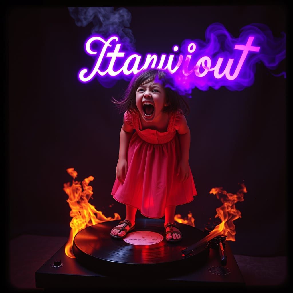 Girl in a Dystopian Nightmare, Surrounded by Vinyl Records a...