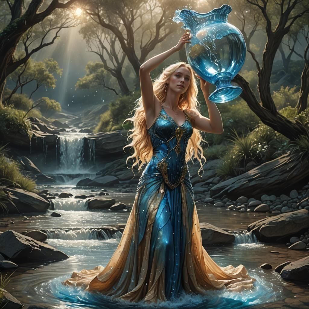 Aquarius Woman with Vase by Creek, Detailed Matte Painting