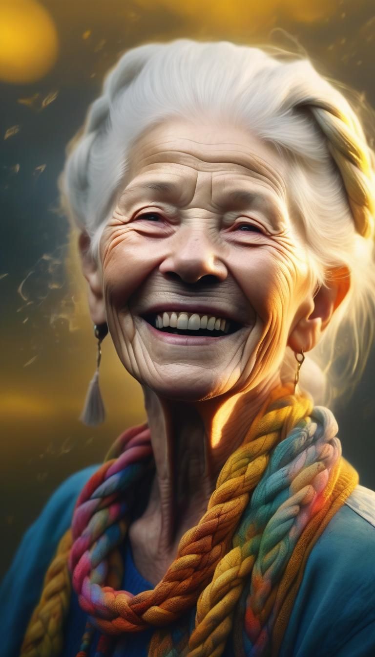 Joyful Elderly Woman in Sunlight, Hyperrealistic Portrait
