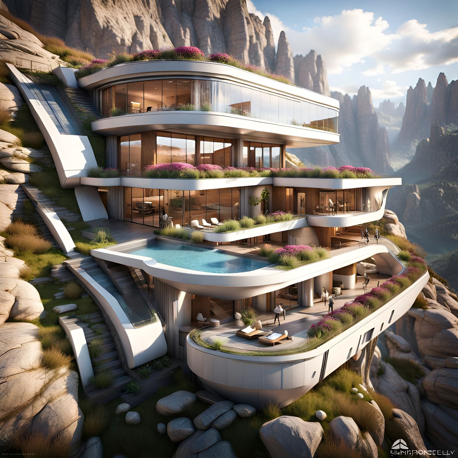 Futuristic Solarpunk Villa Built into Mountain Wall