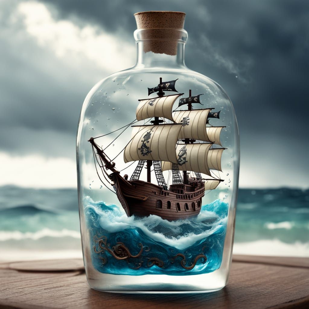 Intricate Pirate Ship in a Bottle During Storm
