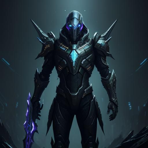 Protoss Warrior Amidst Zerg Swarm in Cyberpunk Style