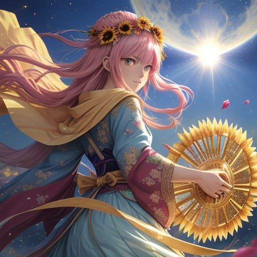 Anime Rose-Petal Creature with Sunflower Headdress