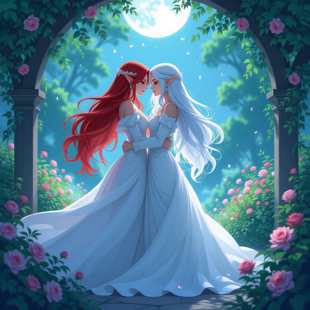 Princess and Elf Queen Embrace in Anime Style