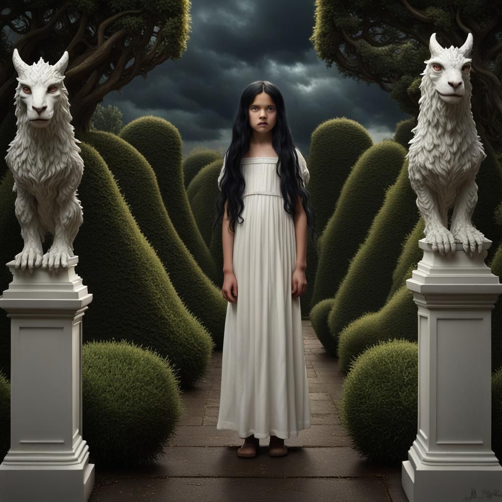 Child in Garden: A Pre-Raphaelite Twilight Scene