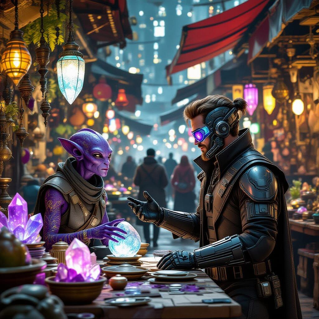 Alien Market: Human Merchant Haggling in Photorealistic Styl...