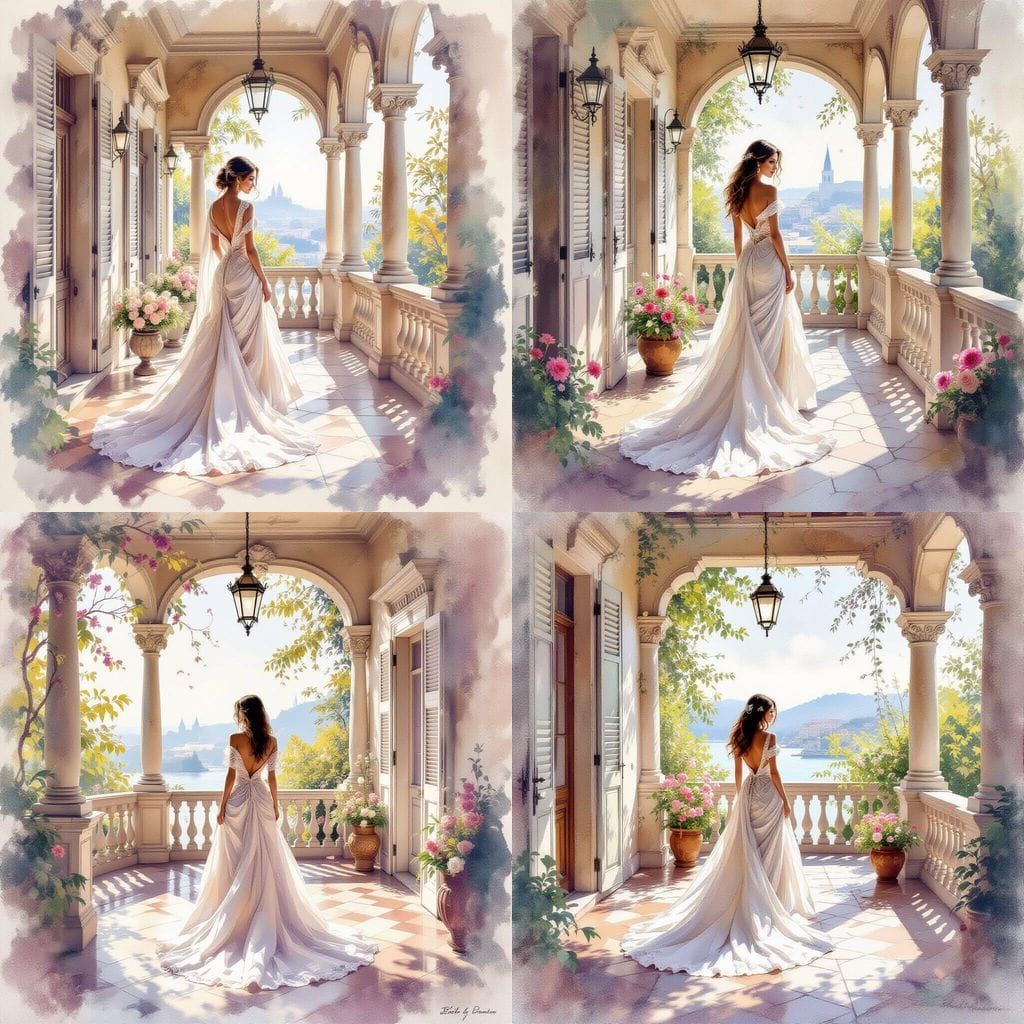 Ethereal Woman in Muted Colors on Mansion Verandah