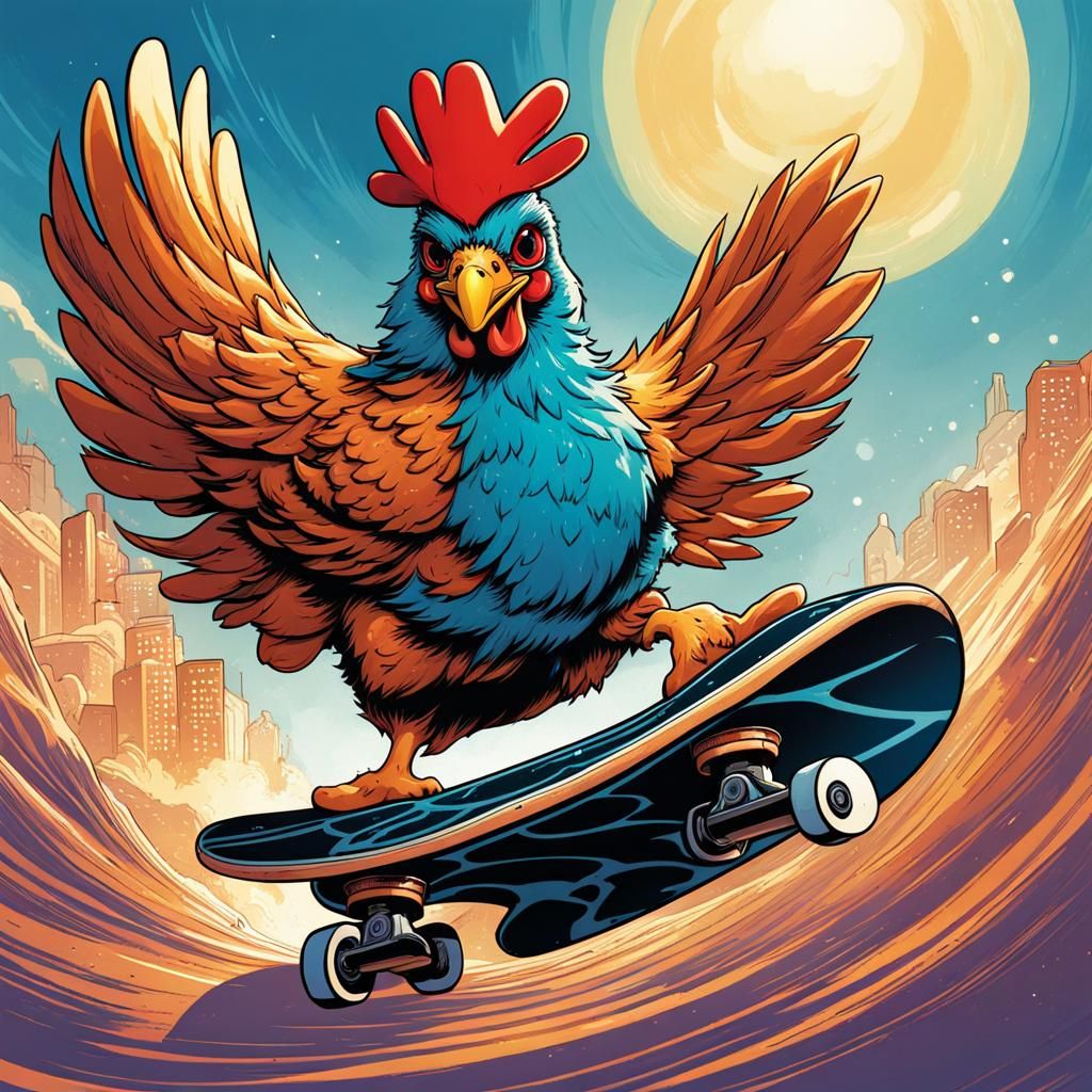 Chicken Nugget Rides Skateboard in Comic Book Art