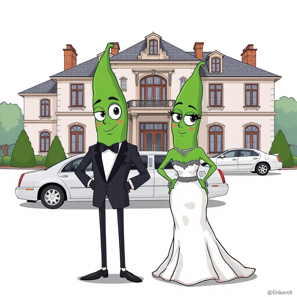 Formal Green Bean Duo in Front of Mansion