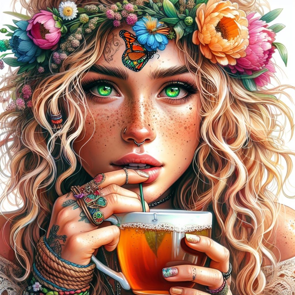 Bohemian Woman with Flower Crown: 3D Portrait