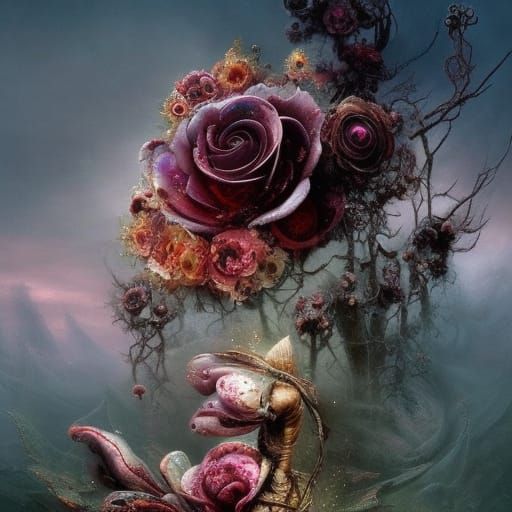 Steampunk Rose Surrealism in Oil on Canvas