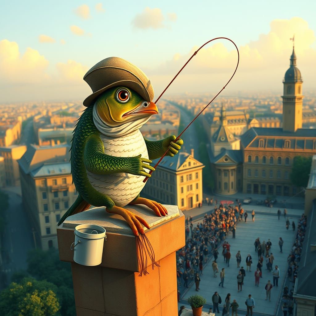 Giant Perch Fishing for People on Rooftop in Naive Fantasy A...