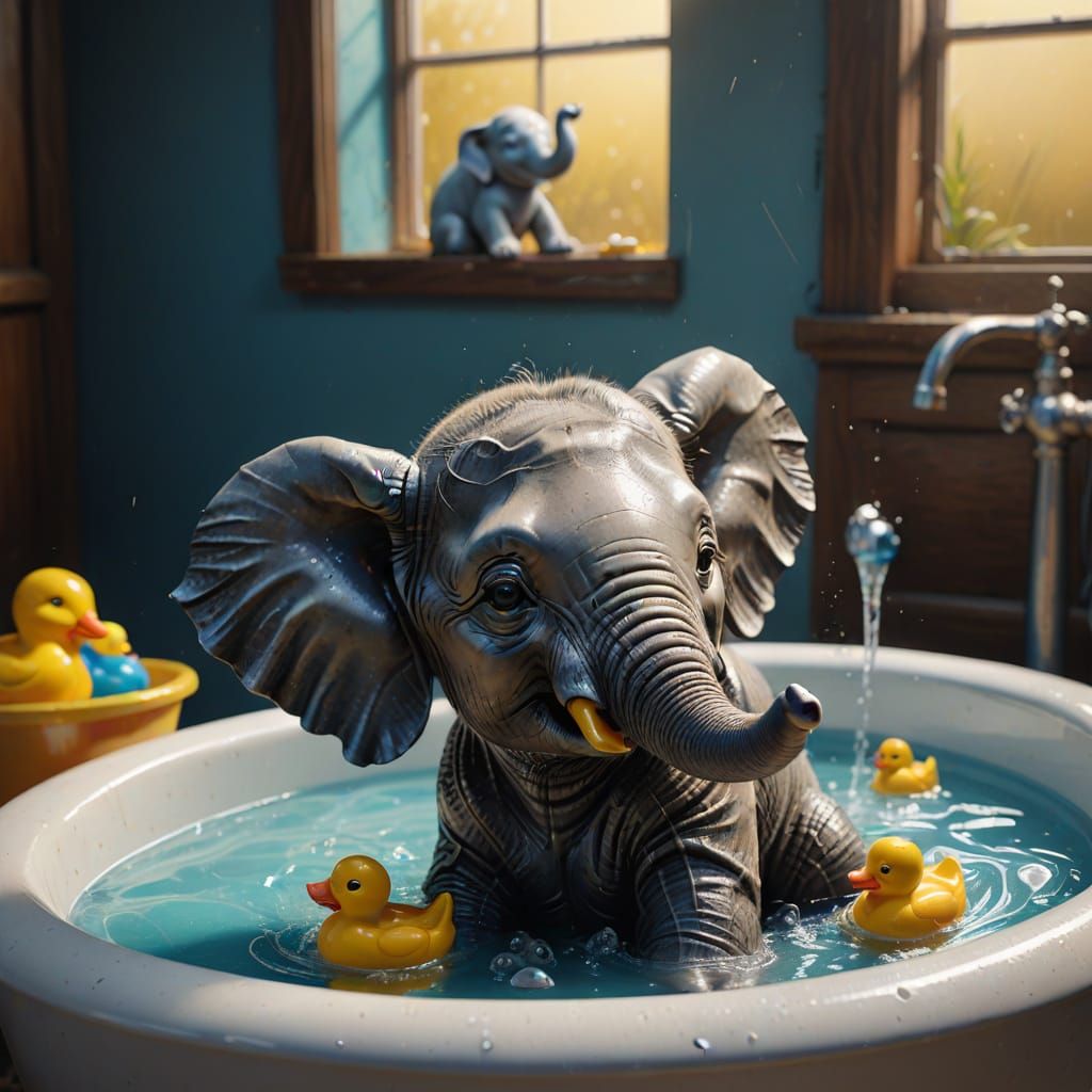 Baby elephant sitting in claw bathtub with a rubber ducky