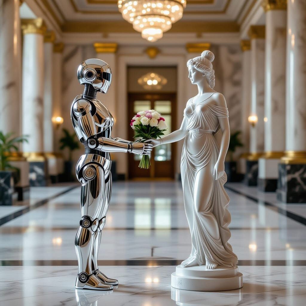 Robot Offers Flower to Statue in Art Deco Hall