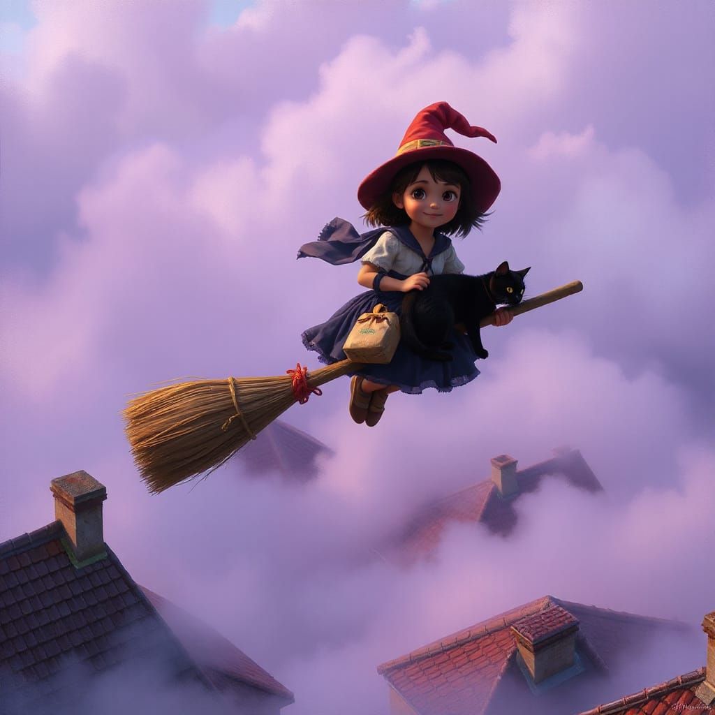 Young Witch Kiki Soars Above Enchanted Coastal Town in Mysti...
