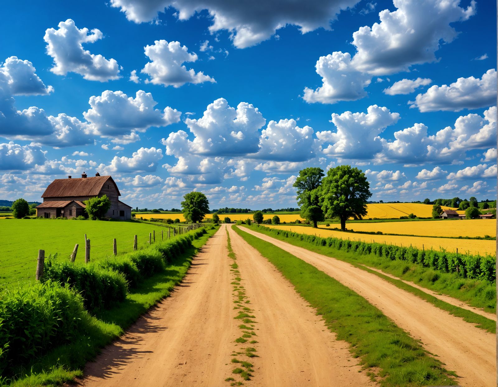Hyperrealistic Countryside Dirt Road with Farms